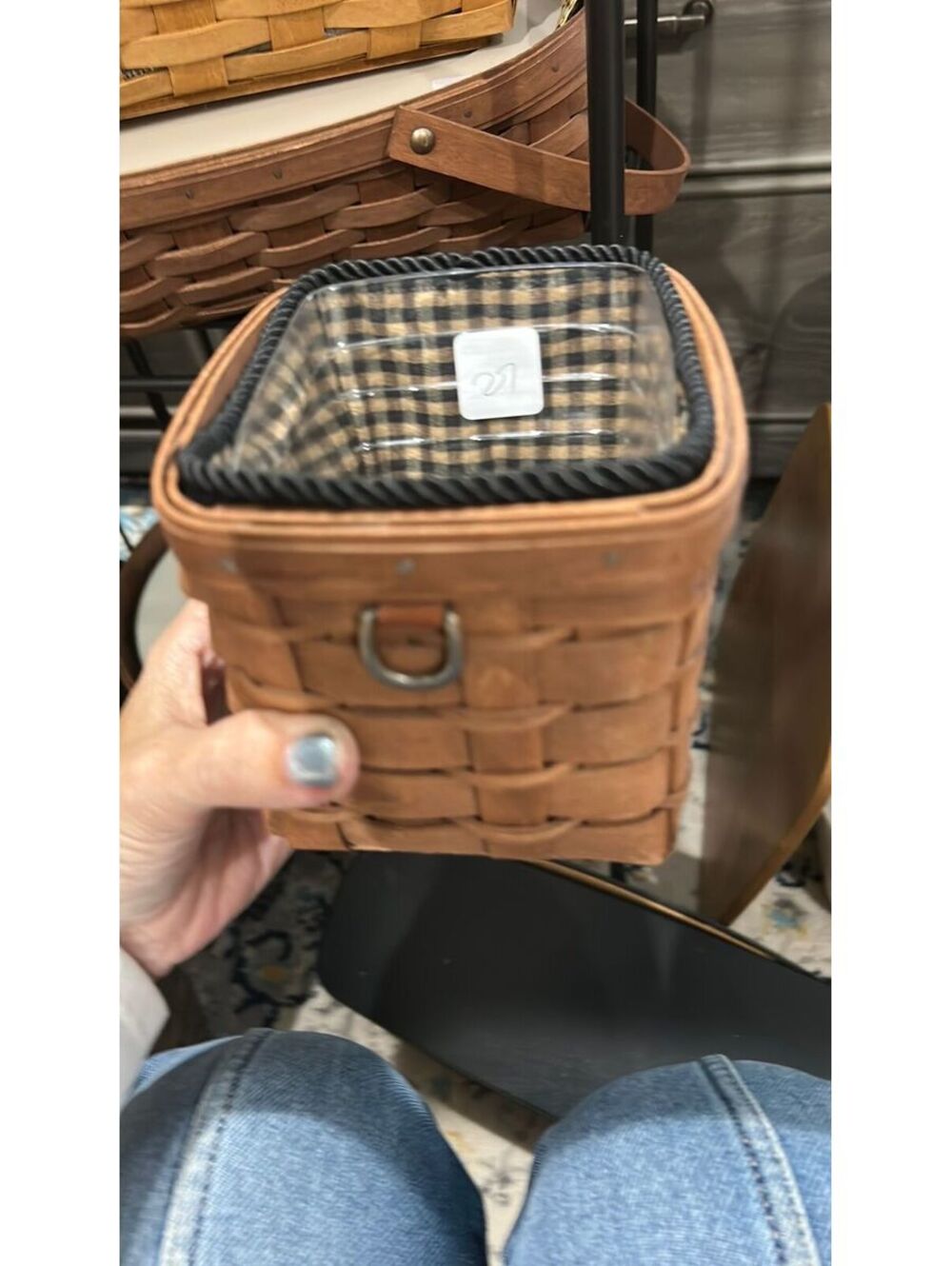 27 Longaberger tapered pencil basket with khaki check liner and protector